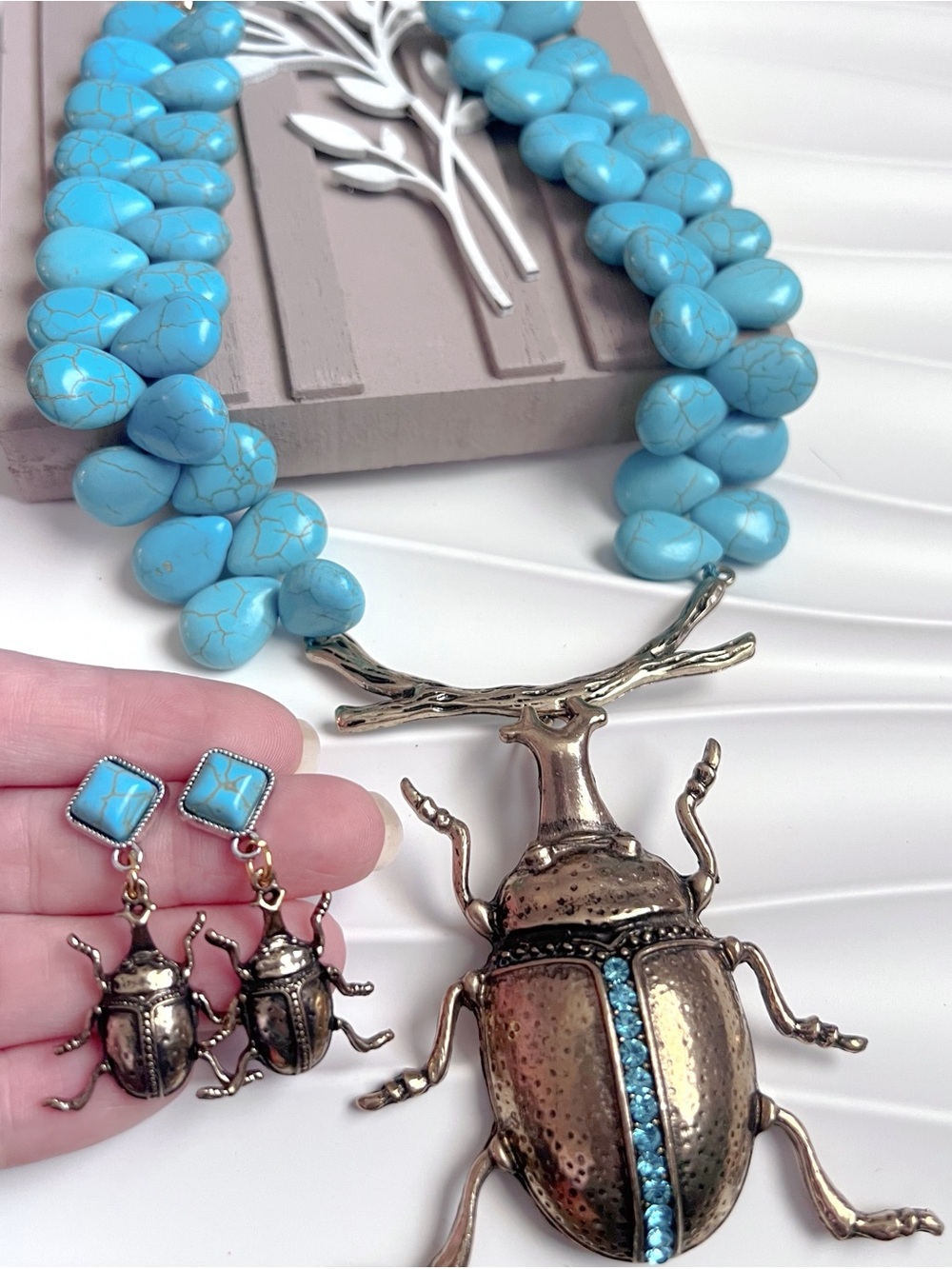 Turquoise Beaded Statement Necklace with Beetle Pendant and Matching Earrings